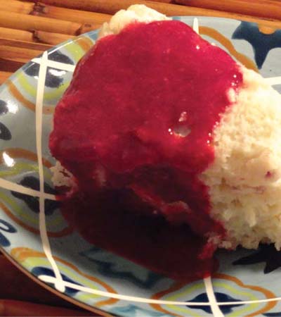 Raspberry Amaretto Sauce and Raspberry with Raspberry Angel Food Cake